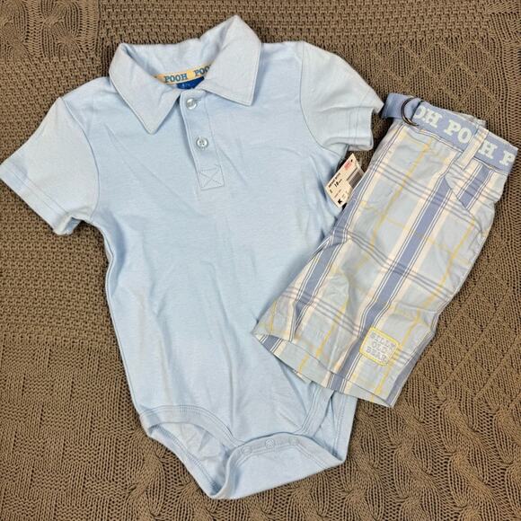 Disney Other - Disney Pooh Blue Polo One Piece and Plaid Shorts Set ~ 18M